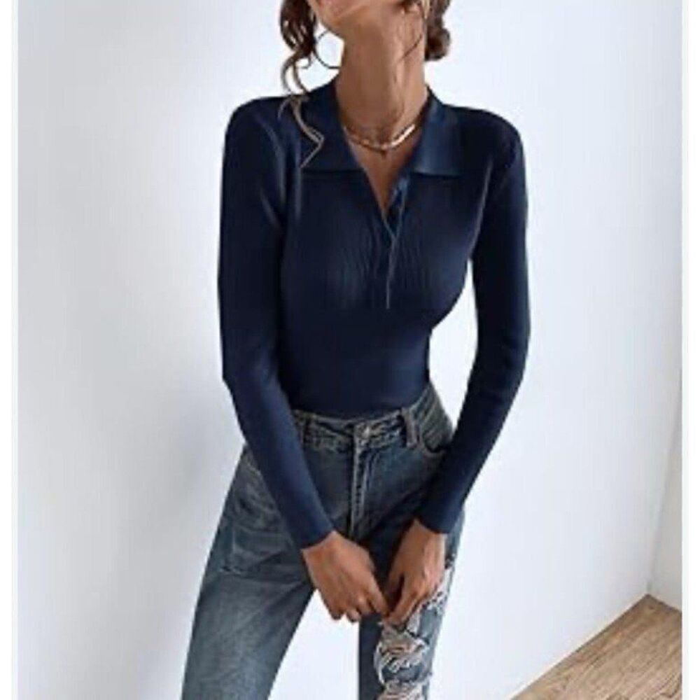 Violets & Roses NWT Women Small Blue Ribbed Knit Long Sleeve Bodysuit Fall Chic